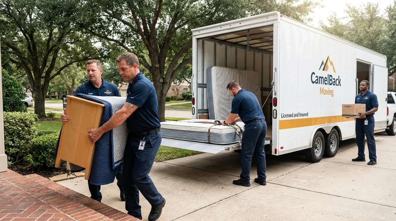 Crew loading residential truck for cross-state move from Freeport, TX