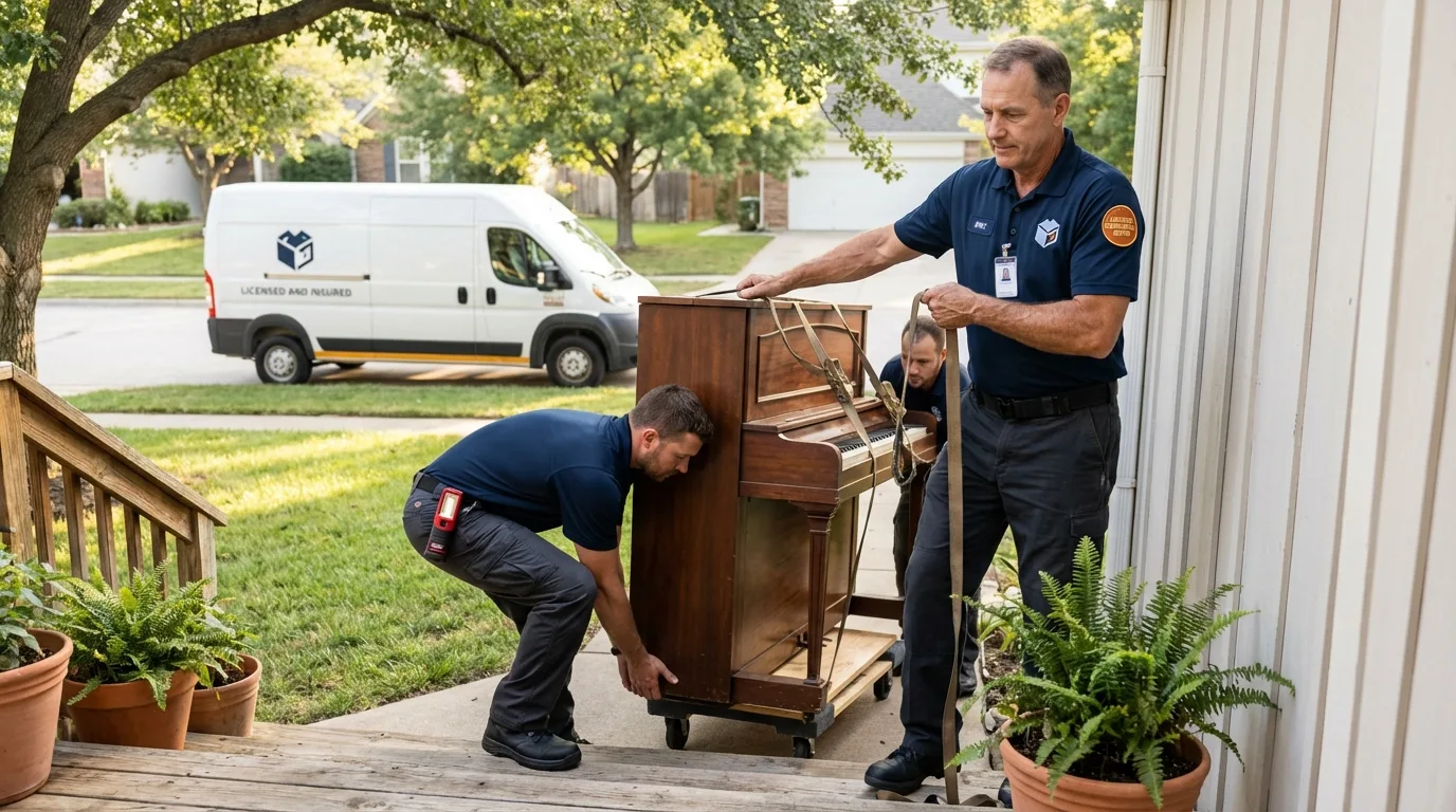 Licensed piano movers securing grand piano in Freeport, TX