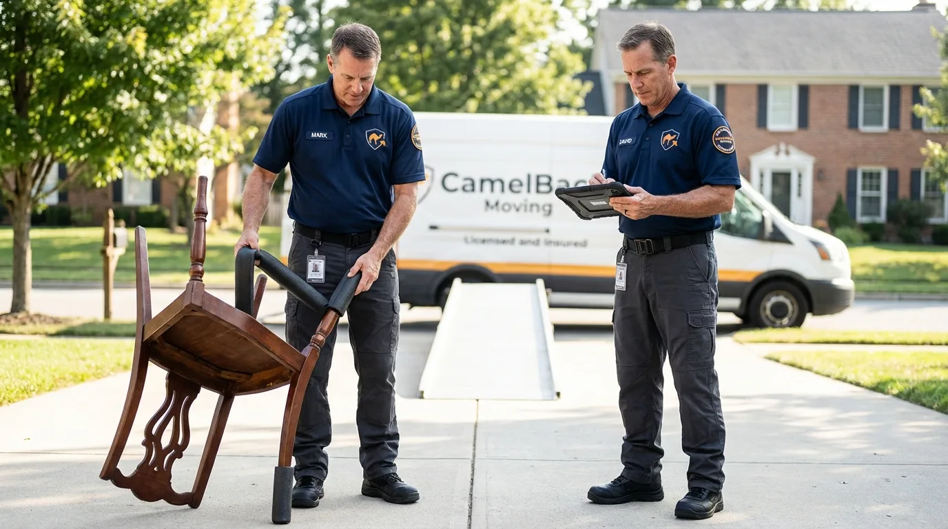Movers inspecting furniture for damage prevention before loading in Freeport, TX